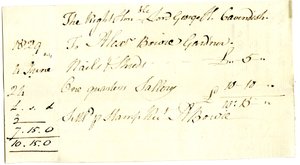 Devonshire MSS AS 3101, folio, Pinder SimpsonがLord George Cavendishのために決済した請求書の束から、Alexander Bowieの請求書を含む。 作： English School