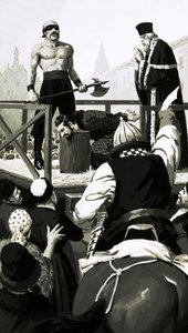 ディミトリーの使者は、死刑囚の首を救うためにギリギリで足場にたどり着いた（紙にガッシュ 作： English School