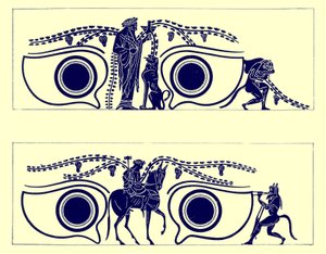 ディオニソス、ヘファイストス、サテュロス、JEハリソンとDSマッコールによるギリシャの花瓶の絵画のイラスト、1894年発行（デジタル拡張画像） 作： English School