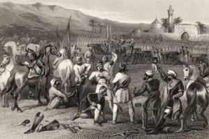 1857年に発行された「インディアン反乱の歴史」からの1857年のバーハンポアでの第11不規則騎兵の武装解除 作： English School