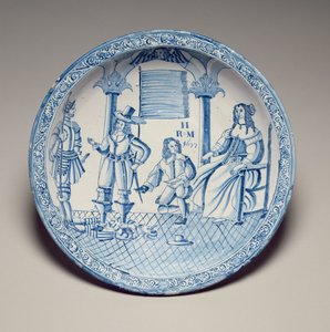キャサリン女王がひざまずいたキャバリエに靴をはめた料理、1677年（すりガラス製の陶器） 作： English School