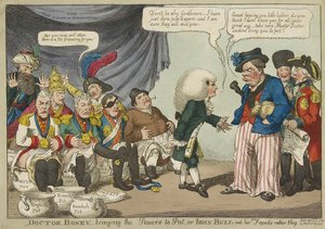 ジョン・ブルとその仲間たちは、恥ずかしがり屋です。1808年（手彩色彫刻）。 作： English School