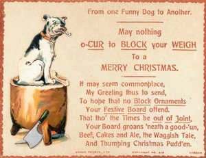 チョッピングブロック、クリスマスカードに座っている犬 作： English School