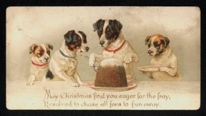 クリスマスプディングを盛る犬たち、グリーティングカード。(chromolitho) 作： English School