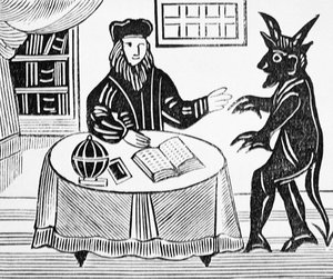 悪魔とのカウンセルにおけるファウスト博士、クリストファー・マーロウ（1564-93）によるファウスト博士の紳士語訳から、esotericaのチャプブック集から1648 作： English School