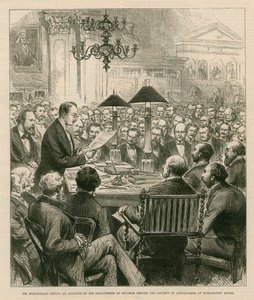 バーリントンハウスでの古物商協会の前にミケーネで発見したことを説明するシーマン博士 作： English School