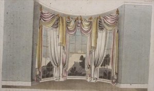 1820年に出版された「アッカーマンの芸術のリポジトリ」の108ページに掲載されている円形窓用ドレープリー（カラーリトグラフ）。 作： English School