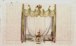 応接室の窓のカーテンと作業台、1809年から28年にかけて発行された『アッカーマンの芸術のリポジトリ』の104版（カラーリトグラフ）。
