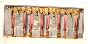ドローイングルームの窓のカーテン、1816年発行のアッカーマンの「芸術のリポジトリ」のプレート92（カラーリトグラフ）