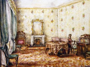 カントリーハウスのドローイングルームのインテリア、1848年頃（紙に水彩画） 作： English School