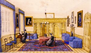 カントリーハウスのドローイングルームのインテリア 1830年頃（紙に水彩画） 作： English School