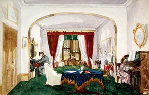応接室のインテリア、ピアノを弾く女性、書き物をするボウラーハットの男性、1850年頃（水彩・紙） 作： English School