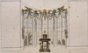 応接室の窓のカーテンとジャーディニエール、1809年から28年に発行されたアッカーマンの「芸術のリポジトリ」のプレート101（カラーリトグラフ） 作： English School