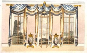 1820年に出版された「アッカーマンの芸術のリポジトリ」のプレート109に掲載されている画室の窓のカーテン（カラーリトグラフ）。