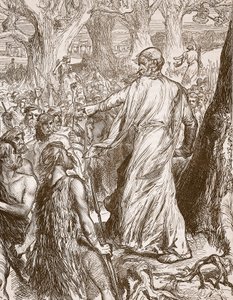 ドルイド僧がイギリス人にローマ人の上陸に反対するように扇動し、カッセルズイラストレイテッドイングランドオブイングランドのイラスト（セピア写真） 作： English School