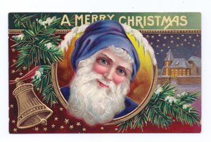 ヤドリギとベルを持ったファーザー・クリスマスのエドワーディアン・クリスマス・ポストカード 1910年頃（カラーリトグラフ）