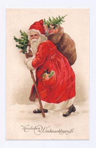 クリスマスツリーとおもちゃ袋を肩に担いだクリスマス・ファーザーのエドワーディアン・ポストカード 1910年頃（カラーリトグラフ）