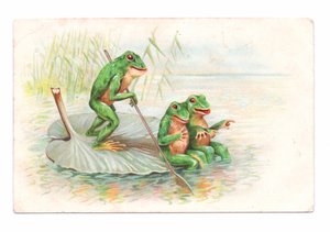 2匹のカエルが睡蓮のボートに座り、3匹目が漕いでいるエドワーディアン・ポストカード 1910年頃 （カラーリトグラフ）