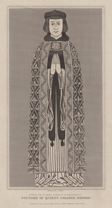 真鍮板に彫られた、ロバート・ド・エグルスフィールド（ヘノー家のフィリッパのチャプルで、オックスフォードのクイーンズ・カレッジの創設者）（エングレーヴィング 作： English School