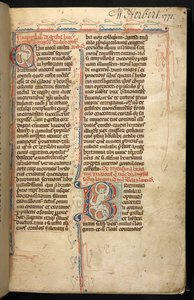 Egerton 3142、f.1r、モンマスの Geoffrey 作、Historia Regum Britanniae のイニシャル「B」が照らされたテキスト、c.1294 (ベラム) 作： English School
