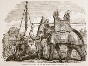 戦闘用に装備された象、鎧、ハウダーなど、ジェームズ・グラントによるパブのカッセルズ・イラストレイテッド・ヒストリー・オブ・インドのイラスト。 1879 作： English School