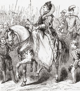 エリザベス1世は、ウォードアンドロックスのイラスト入りの歴史、パブのティルバリーポート（1588年）で彼女の軍隊を視察しています。 c.1882 作： English School