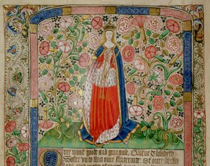 エリザベス・ウッドヴィル（c.1437-92）イングランド王エドワード4世の妃（1442-83）（ベラム）（70062のディテール 作： English School