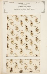 1866年に出版されたジョンフォーブスワトソンによる、インドの繊維製造業者のコレクションからのマドラスからの刺繍されたモスリンサンプル 作： English School