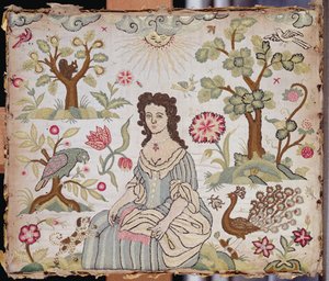 庭にいる女性を描いた刺繍パネル、1700年頃（シルク 作： English School