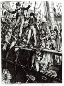 1869年12月18日の雑誌「The Graphic」より、オールドイングランドを去る移民 作： English School