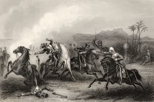 1858年に出版された「インディアン反乱の歴史」からの、2人の少佐ヒルズとセポイ騎兵の遺体との出会い