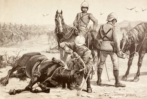 1880年代、スーダンのマフディスト戦争で馬に水を撒くイギリス騎兵隊（リトグラフ） 作： English School