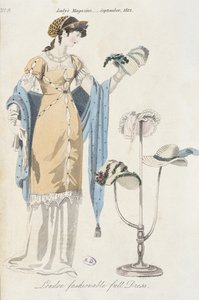 1812年に帽子を選んだ若い女性を描いたイギリスのファッションプレート 作： English School