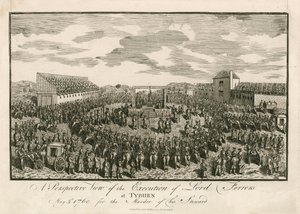1760年5月5日、執事殺しの罪でタイバーンにて処刑されたフェラーズ卿（エングレーヴィング）。 作： English School