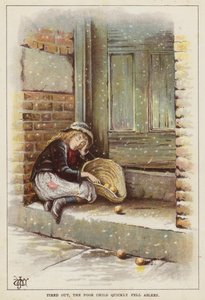 雪の中で玄関先で眠っている疲れ果てた子供 (クロモリソ) 作： English School