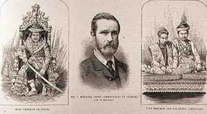 アッパー・バーマへの遠征：州のテーボー王（1858-1916）、ビルマのチーフコミッショナーであるT.バーナード氏（現在はテボー王とその女王、スーピーヤラット）にいるThe Illustrated London News