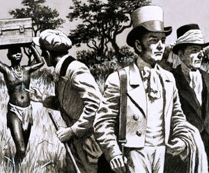 アフリカのティンブクトゥを目指して出発した探検家たちは、熱帯の暑さに耐えるために英国製の服を着ていた（紙にガッシュ 作： English School