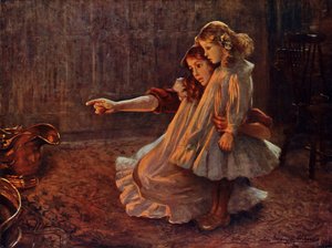 炎の中の顔: 火の中を見つめる女性と子供 (カラー リソ) 作： English School