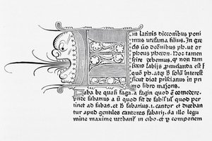 1460年、マインツのヨハネスグーテンベルクによって印刷されたカトリコンのページのファクシミリ 作： English School