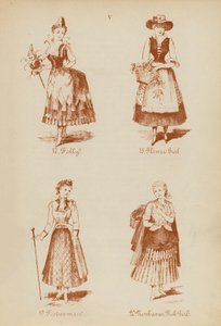 仮装衣装フォリー、フラワーガール、フールウーマン、ニューヘイブン・フィッシュガール（リトグラフ） 作： English School
