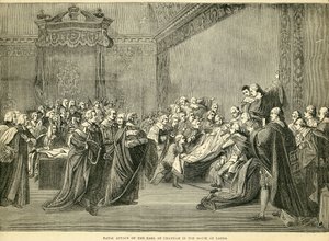 貴族院でのチャタム伯爵の致命的な押収、1778年 作： English School