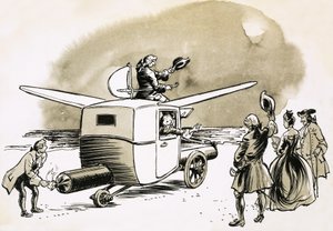 月への架空のフライトには、ガチョウが引くか、花火で動く車が含まれていました 作： English School