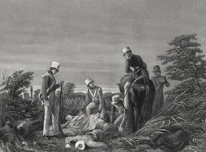 Chillianwallahの戦いの後、第24連隊の色を見つける（1850年頃）（彫刻 作： English School