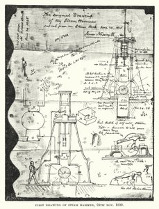 スチームハンマーの初図面 1839年11月24日（エングレービング 作： English School