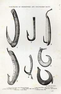 1888年の「レジャーアワー」からの、先史時代および非文明化された人種の釣り針（彫刻）
