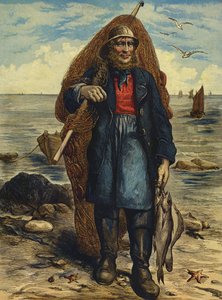 網を持ち、釣った魚を手にする漁師（彩色済み彫刻 作： English School