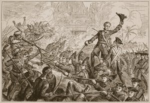 タンジョールのリダウトのフレッチャーズの防御、ジェームズ・グラントによるパブのCassells Illustrated History of Indiaのイラスト。 1879 作： English School