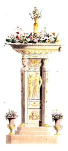 1822年に出版されたアッカーマンの「芸術、文学、商業、製造、ファッション、政治のリポジトリ」のプレート125「フラワースタンド」（カラーリトグラフ） 作： English School