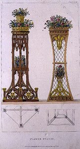 フラワースタンド、アッカーマンの『芸術のリポジトリ』（1809-28年刊）の163番プレート（カラーリトグラフ 作： English School