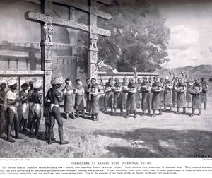 紀元前145年に供物を供えたサンチの外国人、ハッチソンの歴史、1910年頃 作： English School